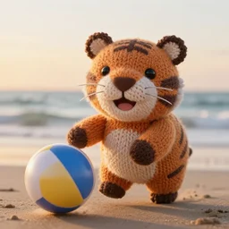 a closeup photorealistic photograph of a cute smiling knitted tiger hippopotamus chasing a beachball during sunset. surf in the background. professional capture. this 4 k hd image is trending on artstation, featured on behance, well - rendered, extra crisp, features intricate detail, epic composition and the style of unreal engine.