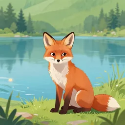 a young fox sits by the beautiful lake, illustration by greg rutkowski, thomas kindkade, artstation, furaffinity