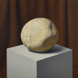 painting of art exibit of a beige round boulder with matchstick implanted on its side, on a cube shaped table against a dark brown curtain, surreal album cover, impressionist painting,