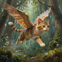 fantasy animal flying cat with wings, flying through forest, detailed 3 d 4 k painting richard scarry maurice sendak
