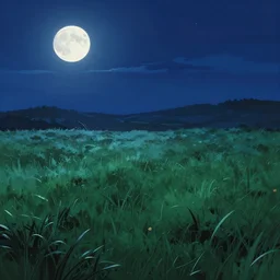 Moonlit grassy field at night in anime style, trending on Artstation