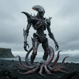 a full shot of a gothic victorian, biomechanical organic giger, surrealism beksinski giant ridged squid in an icelandic environment