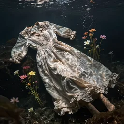 a long and loose dress, not worn, underwater together with some flowers