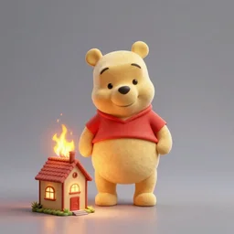 winnie the pooh lighting a house on fire, in the style of winnie the pooh