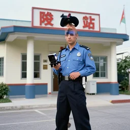 voltron working as a security guard for a small town bank, eighties photograph, flash photography