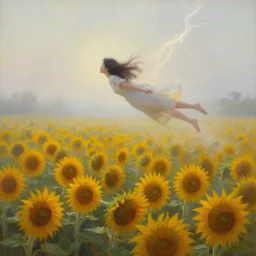 a dreamy vision of girl slowly flying over amazing tall sunflower field, hair flowing, fog, early morning lightning, subtle, intricate details, real masterpiece, oil on canvas, by somsak anong
