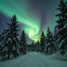 the aurora borealis in a snow forest, by albert dros