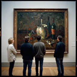 kodak portra 4 0 0, a beautiful glitched painting by robert proch of people in front of a painting in a museum gallery, metal rust and plaster materials, pixel sorting, color bleeding, brushstrokes by jeremy mann, still life, dark colors