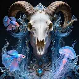 goddess macro close - up portrait wigh crown made of ram skull. betta fish, jellyfish phoenix, bioluminiscent, plasma, ice, water, wind, creature, super intricate ornaments artwork by tooth wu and wlop and beeple and greg rutkowski