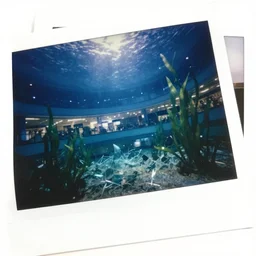 wide angle, skewed perspective, abandoned mall, under water, distant lighting, psychedelic, at night, aquatic plants 🪴, shards of glass, polaroid 6 0 0