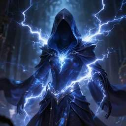 arcanis the omnipotent, glowing hooded sorcerous figure, lightning spell, faceless, mtg art, justin sweet