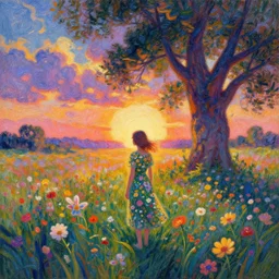 flower growing out of girl, standing in a flower field, big trees, sunrise dramatic light, impressionist painting, colorful clouds, digital painting, pointillism, artstation, simon stalenhag