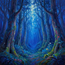 oil painting of fantasy magic forest, by m. c. escher and james jean and craig mullins, colorful, hight saturation, blue