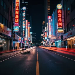 night urban road full of neon signs one point perspective