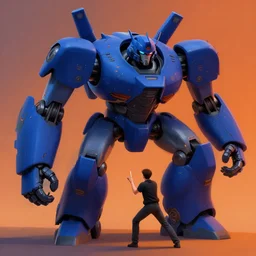 small man fighting a giant robot, extremely detailed, sharp focus, smooth, matte painting, blue orange chiaroscuro, trending on artstation