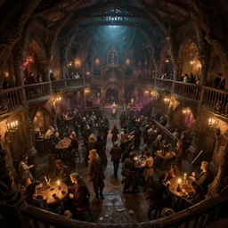 Interior of a crowded fantasy medieval night club, Greg Rutkowski, Frank Frazetta, trending on Artstation, 8K, ultra wide angle, establishing shot, pincushion lens effect, zenith view