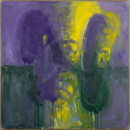 abstract painting in purple, yellow, dark green, by hernan bas and pat steir and hilma af klint, psychological, photorealistic, dripping paint, washy brush, oil on canvas, rendered in octane, altermodern, masterpiece