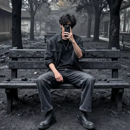 Charred remains of a person sitting on a bench taking a selfie