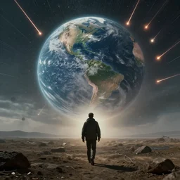 The last person to walk on Earth while millions of meteors shoot through the sky, octane render, hyperrealistic