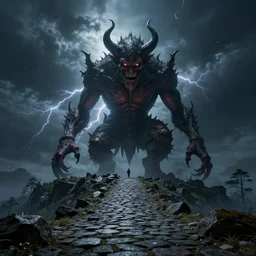 a gigantic demon on a cobblestone hard mountain, night, scary, eerie, lighting, rim light, digital art.