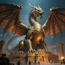 Beautiful 75mm photo of A very very huge  massive giant fantasy one headed Chinese dragon with wings in an aztec temple at night, in the style of greg rutkowski, illustration, epic, fantasy, intricate, hyper detailed, artstation, concept art, rim lighting, elder scrolls, unreal, smooth, sharp focus, ray tracing