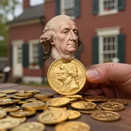a closeup photorealistic photograph of George Washington inspecting small gold Doubloon coins at his home on Cherry Street. This 4K HD image is Trending on Artstation, featured on Behance, well-rendered, extra crisp, features intricate detail and the style of Unreal Engine.