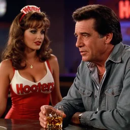 a close - up, color cinema film still of a johnny cash talking to a beautiful hooters waitress drinking whiskey at hooters, ambient lighting at night.
