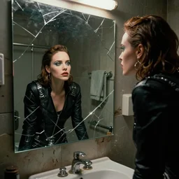 octane render candid photographic portrait by quentin tarantino of a beautiful feminine man wearing black techwear and light makeup looking in a broken bathroom mirror, rundown new york apartment, full shot, retrofuturism grunge cyberpunk lights shadows refraction, 4 k, 8 k, hd, high resolution, ultra realistic faces, photorealistic, intricate detail, trending on artstation, clockwork orange