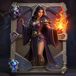 Hearthstone official professional art, with realistic beautiful face & eyes. A sorceress, wearing a robe casting a fire ball. Insanely coherent and well drawned physical body parts (face, arms, legs, hair, eyes). Full body realistic, sharp focus, 8k high definition, insanely detailed, intricate, elegant, smooth, sharp focus, illustration, ArtStation