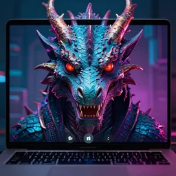 a video call from a dragon with a highly detailed face. cyberpunk color scheme and theme.
