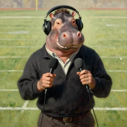 face head whiskers ears Portrait of John Madden Hippo announcer standing atop a gridiron football field whilst wearing headphones whilst speaking into microphone booms eugene delacroix christian schad ilya repin giorgio de chirico giotto leonardo da vinci watercolor pastel oil