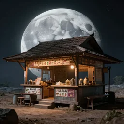 a typical kerala tea shop on the moon, moon surface background, an epic fantasy, dramatic lighting, cinematic, establishing shot, extremely high detail, photorealistic, cinematic lighting, artstation, matte painting, simon stalenhag