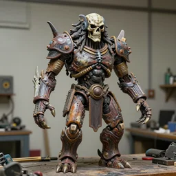 photo taken of an epic intricate, ultra detailed, super realistic gritty, hero prop, exquisitely weathered animatronic movie prop of a lifelike sculpture of a tlaloc the god of the death creature displayed in the workshop, created by weta workshop, full body shot, photorealistic, sharp focus