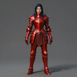 Lady in Red armor, Dark blue hair, beautiful face features, light brown skin, green eyes, practical armor, ornamental, symmetry, by donato giancola, by RossDraws, by leng jun, matte painting, D&D, high fantasy, full body picture, no extra limbs, no extra character, trending on artstation artstationHQ, artstationHD, octane, cgsociety