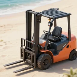 detailed forklift on the beach, cinema style, sharp forcus, depth of field, 4 k, photo lense, isometric view