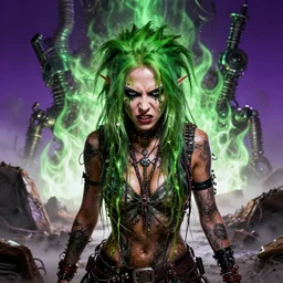 highly detailed portrait of an angry wasteland punk long dripping green poison hair tribal lady, stray wiring by atey ghailan, james gilleard, by joe fenton, by greg rutkowski, by greg tocchini, by kaethe butcher, 4 k resolution, gradient purple, brown black and white color scheme!!! ( ( green flaming robotic sewer background ) )