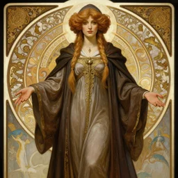 character portrait of a wizard woman, tall, feminine, powerful, modestly clothed, voluminous, intricate, elegant, highly detailed, digital painting, artstation, smooth, symmetrical, sharp focus, illustration, art by gaston bussiere and alphone mucha