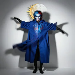 portrait person falling dynamic shadows with abstract face makeup long blue cloak black gloves blue red light mullet tessellation sun moon symmetrical facial features portrait hyper realistic 4 k rule of thirds extreme detail by gottfried helnwein mc escher