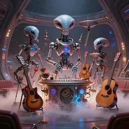 strange surrealist detailed unusual robotic alien electronic-musical-instruments!! and acoustic-musical-instruments!! with blinking LEDs, backlit fog, space station lounge setting, designed by Peter Andrew Jones and Pixar, photorealistic, 3d render, award winning render, unreal engine, octane render, studio lighting, 8k, hd