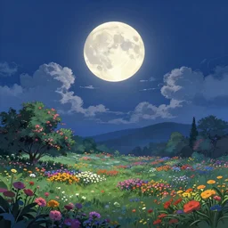 landscape, summer night, huge moon, full of colorful flower and tree, beautiful cloud, quiet, no people, anime background,, illustration, sharp focus, intricate, smooth, super wide angle, trending on artstation, trending on deviantart