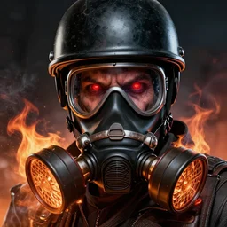 commission of a man wearing a black helmet and a black gas mask,red glowing eyes,digital art,crazy detail,hyperdetailed,hyperrealistic,photorealistic,art by greg rutkowski,trevor henderson,artstation,deviantart,eerie,western comic style,comic,sharp lineart,fire coming from the gas mask