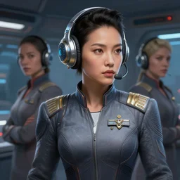 epic professional digital airbrush art of female asian starship captain, by leesha hannigan, iris van herpen, joelle jones, artstation, cgsociety, wlop, epic, much wow, much detail, gorgeous, detailed, cinematic, masterpiece