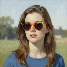 a norman rockwell painting of a beautiful woman wearing brightly colored cheap sunglasses