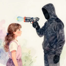 robber holding water gun to poor ladies head, magical, water color painting, pastelle colors, by roald dahl