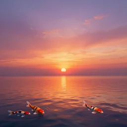 a very beautiful sunset over a body of water, beautiful sky, vibrant colors, ( ( ( koi colors ) ) ), octane render, jesper ejsing, james jean, justin gerard, tomasz alen kopera, cgsociety, fenghua zhong, makoto shinkai, highly detailed, rim light, art, cinematic lighting, very coherent, hyper realism, 8 k