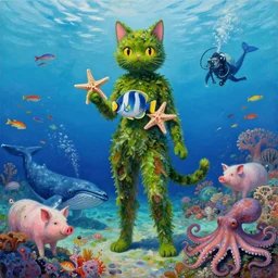 tall catgirl holding a tropical fish and a starfish in ishigaki okinawa, covered in seaweed, coral reef, summer, whale, schools of fish, scuba, pigs, octopus, acrylic on canvas, surrealist, by magritte and monet