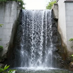 outdoor design, be natural and spontaneous, a waterfall between two buildings, high details, 4 k