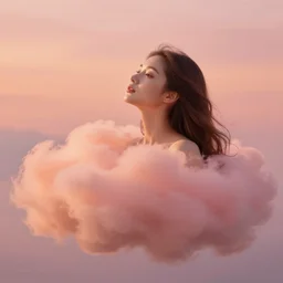 beautiful woman who looks like a cloud, 🍑, photo - realistic, detailed, orange / pink sky, dreamy