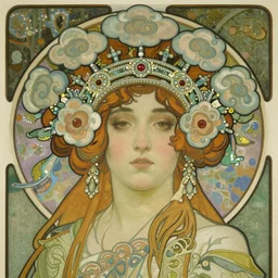 louise brooks wearing an elaborate chinese cloud headdress beautiful detailed romantic art nouveau lithograph face portrait by alphonse mucha and gustav klimt, hauntingly beautiful refined moody dreamscape