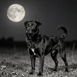 an early 1 9 0 0 s photograph of a black dog marked by an extraterrestrial sigil, moonlight, nighttime,